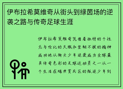 伊布拉希莫维奇从街头到绿茵场的逆袭之路与传奇足球生涯