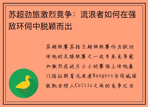 苏超劲旅激烈竞争：流浪者如何在强敌环伺中脱颖而出